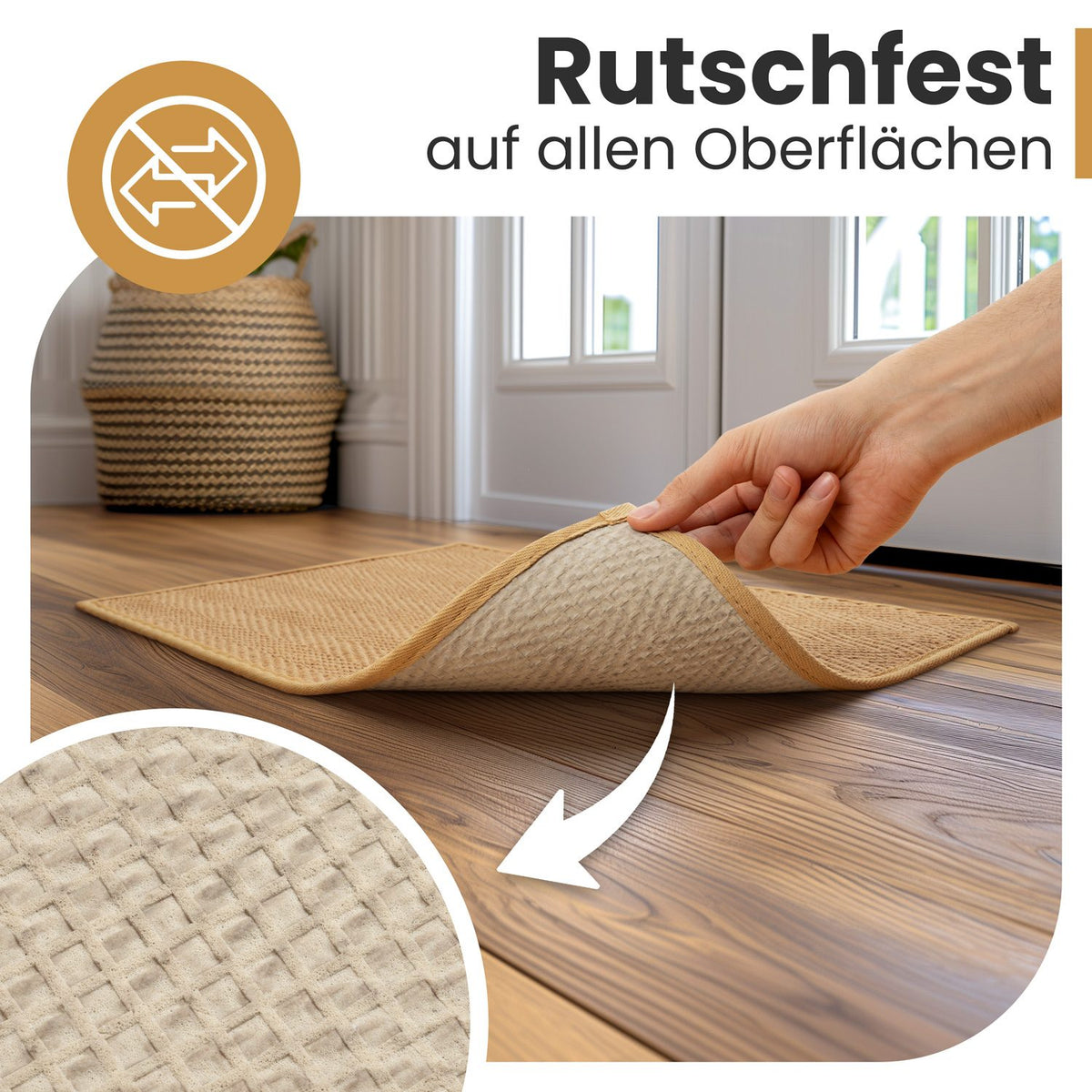 Naturfarbene Fußmatte wird am Rand angehoben, die genoppte Rückseite ist sichtbar, Text: Rutschfest auf allen Oberflächen