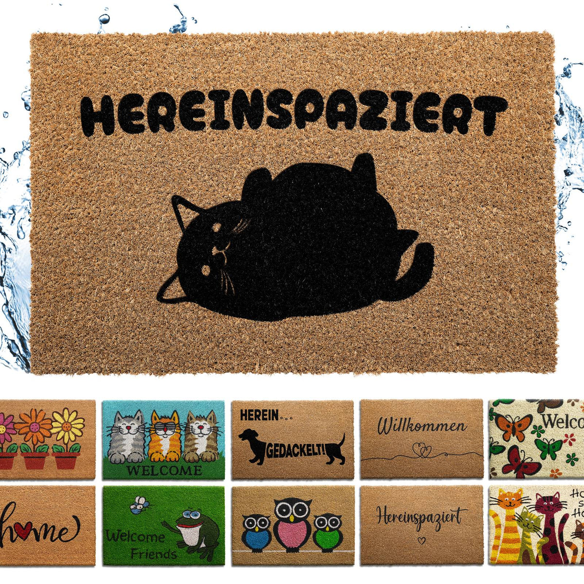 Kokos Fußmatte mit schwarzer liegender Katze und Schriftzug Hereinspaziert, darunter weitere Motive der Serie