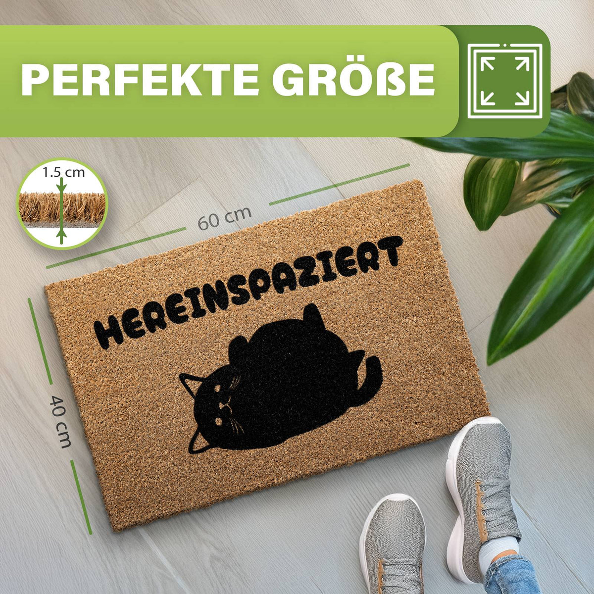 Kokos Fußmatte mit Katze und Hereinspaziert, Maße 40 x 60 cm, Florhöhe 1,5 cm, daneben Füße in Sneakern