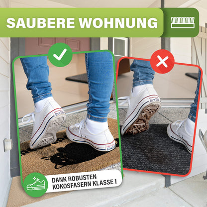 Weiße Turnschuhe auf Kokosmatte mit Katze bleiben sauber, rechts dreckige Sohle auf dunkler Matte, Text: Saubere Wohnung