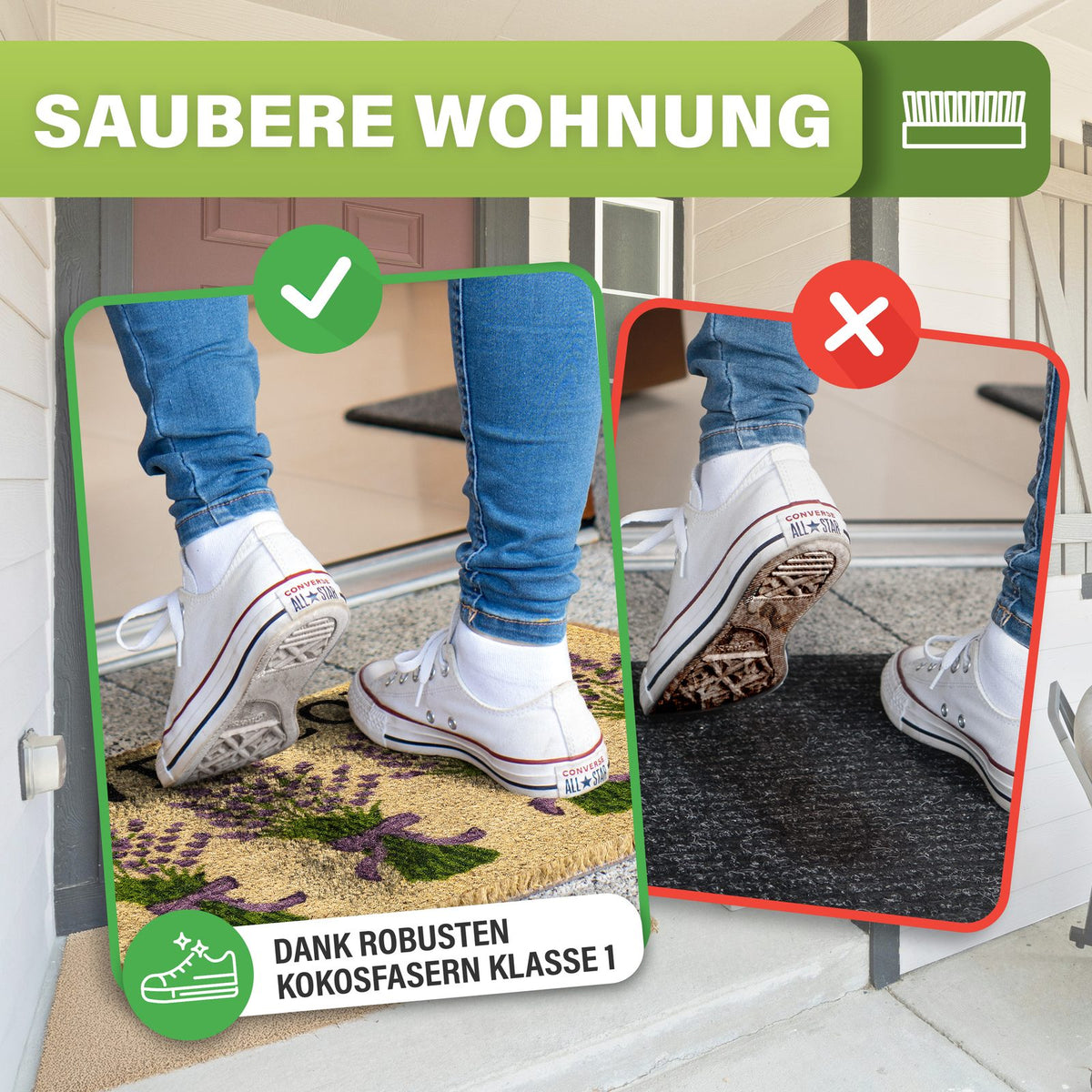 Weiße Turnschuhe auf Kokosmatte mit Lavendelmotiv, daneben schmutzige Sohle auf dunkler Matte, Text: Saubere Wohnung