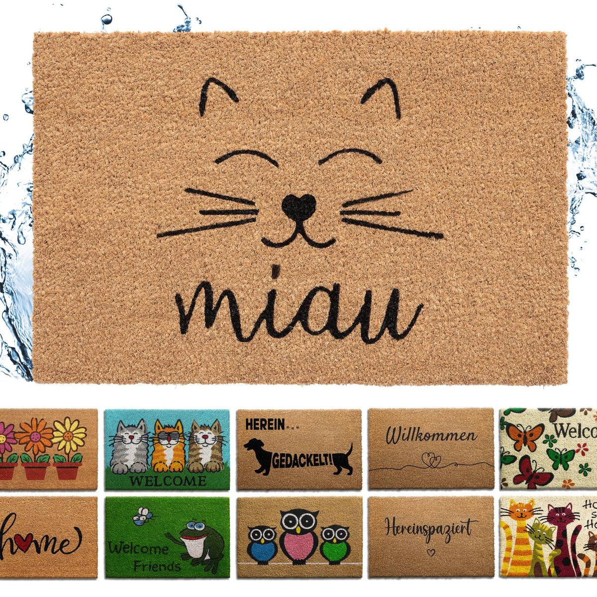 Kokos Fußmatte mit schwarzem Katzengesicht und Schriftzug miau, darunter weitere Motive der Serie