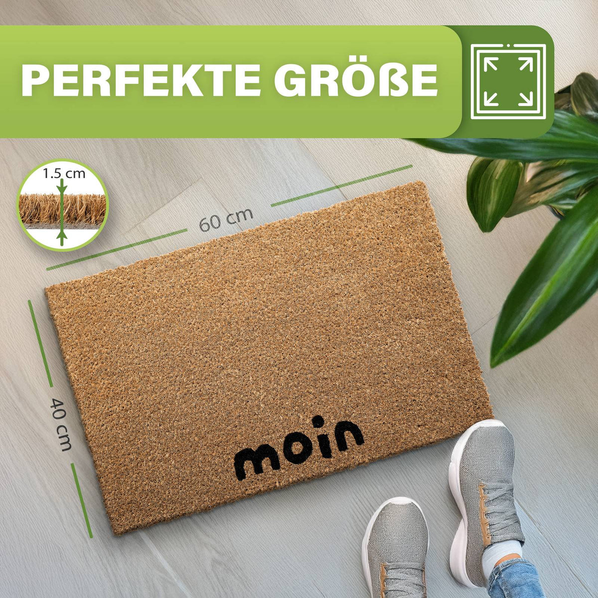 Kokos-Fußmatte „moin“ mit Maßangaben 40 x 60 cm und 1,5 cm Höhe auf Boden, daneben Pflanze und Sportschuhe