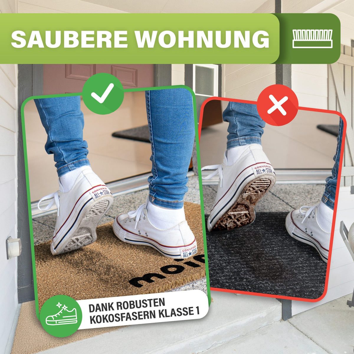 Kokos-Fußmatte „moin“ vor einer Haustür, saubere weiße Turnschuhe darauf, rechts schmutzige Schuhe auf einer dunklen Matte