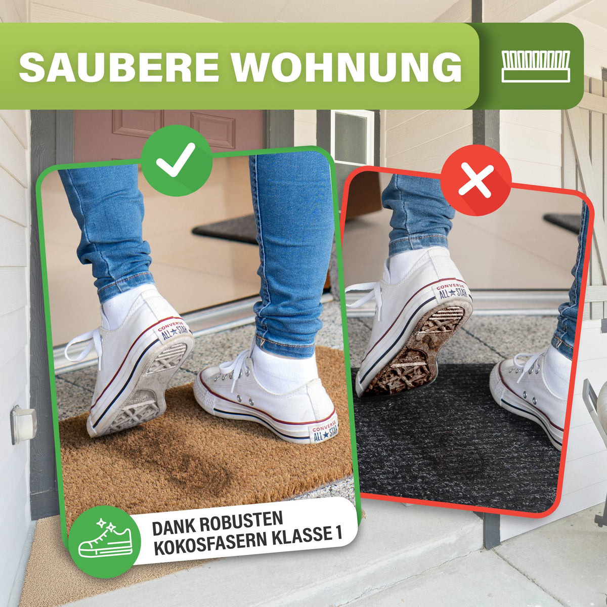 Naturfarbene Kokos-Fußmatte vor einer Haustür, saubere weiße Turnschuhe, rechts schmutzige Schuhe auf dunkler Matte