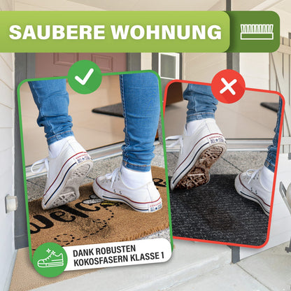 Kokos Fußmatte Welcome im Vergleich: Weiße Schuhe bleiben sauber, auf dunkler Matte sind sie verschmutzt