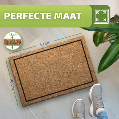 Naturfarbene Kokos Fußmatte mit schwarzem Rahmen, Maße 60 x 40 cm, 1,5 cm dick, mit Schuhen auf dem Boden
