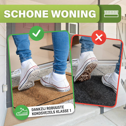 Kokos Fußmatte mit schwarzem Rahmen im Vergleich: Weiße Schuhe bleiben sauber, auf dunkler Matte sind sie schmutzig