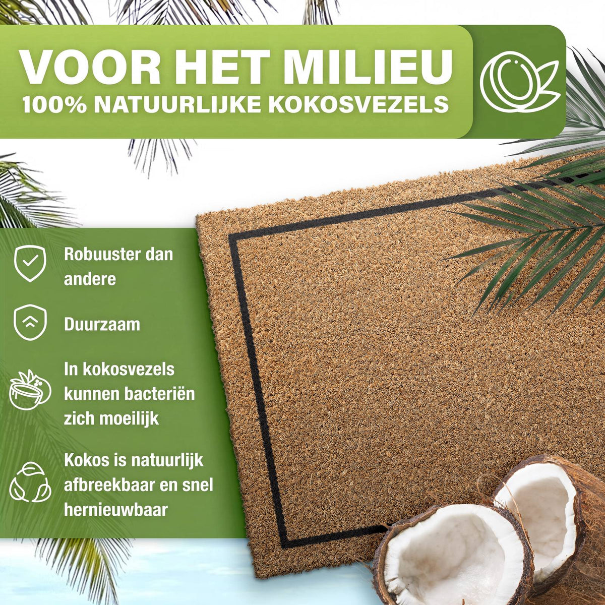 Naturfarbene Kokos Fußmatte mit schwarzem Rahmen, daneben Kokosnusshälften und Palmenblätter, Text zu natürlichen Kokosfasern