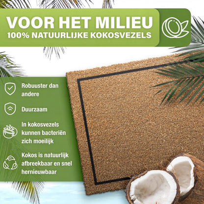 Naturfarbene Kokos Fußmatte mit schwarzem Rahmen, daneben Kokosnusshälften und Palmenblätter, Text zu natürlichen Kokosfasern