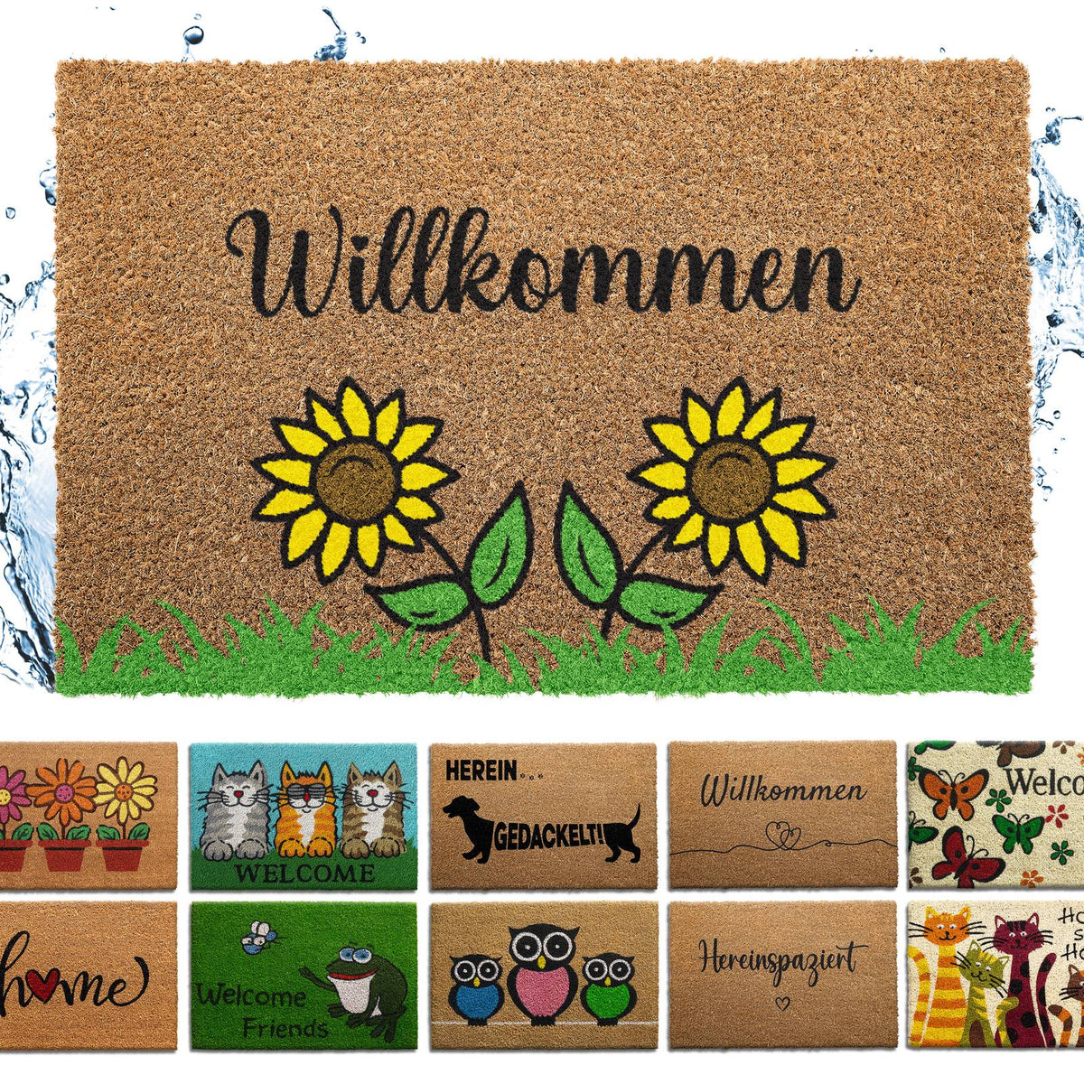 Kokos Fußmatte Willkommen mit zwei Sonnenblumen und Gras, darunter zehn weitere Motive der Fußmatten als Auswahl