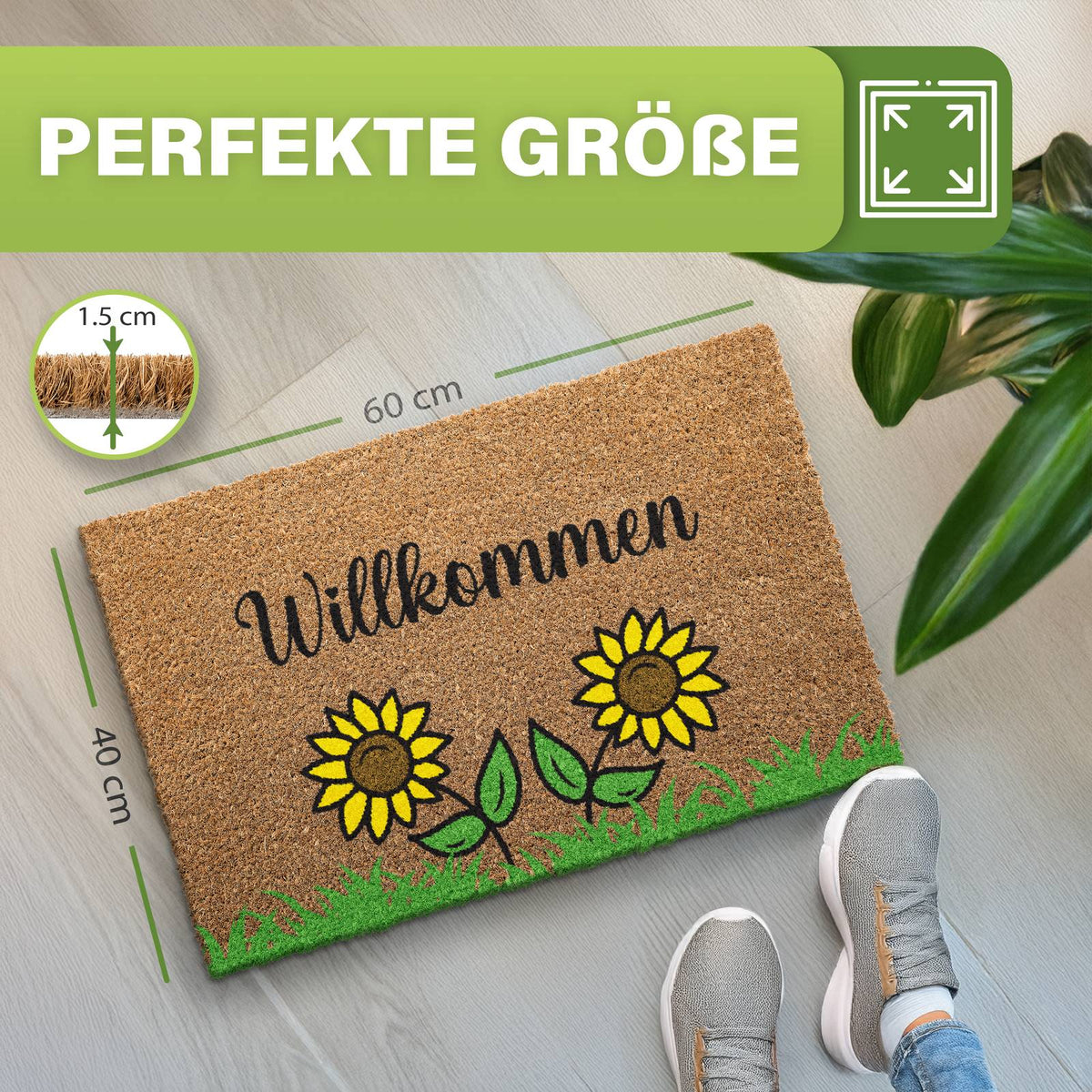 Kokos Fußmatte Willkommen mit Sonnenblumen und Gras, Maße 60 x 40 cm, 1,5 cm dick, mit Schuhen auf dem Boden