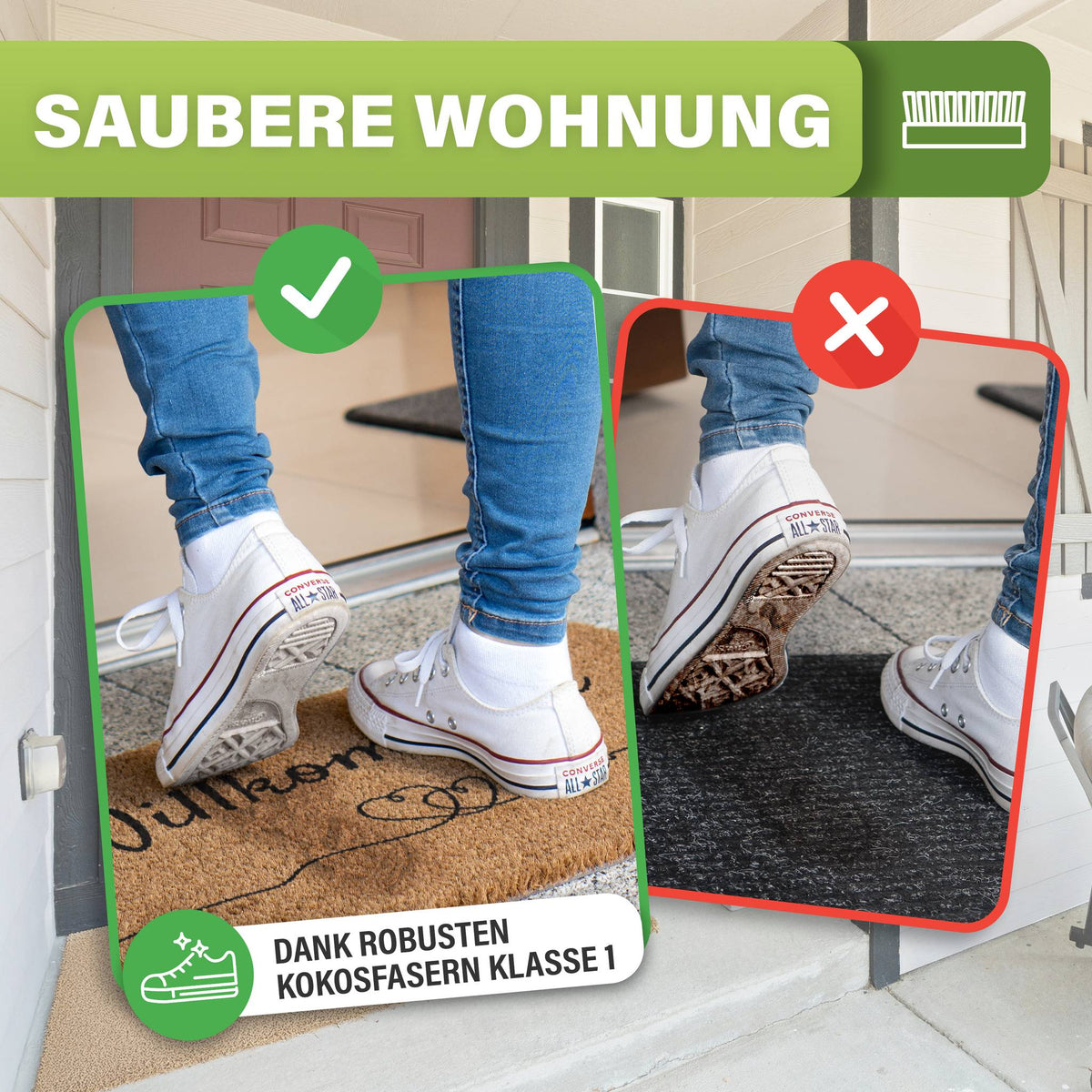 Kokos Fußmatte in Natur mit Schriftzug: Saubere Wohnung, sauberer Schuh links auf Kokosmatte, schmutziger Schuh rechts auf Teppich
