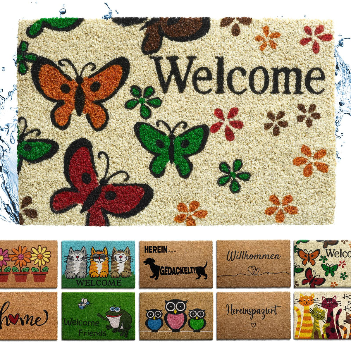 Kokos Fußmatte in Creme mit bunten Schmetterlingen, Blumen und Schriftzug Welcome, darunter weitere Motive