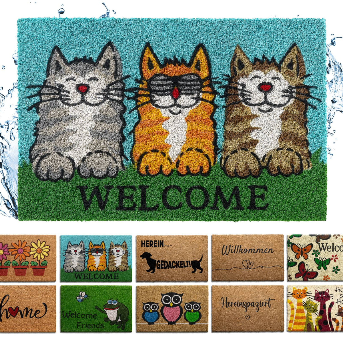 Kokos Fußmatte Welcome Cats mit drei lachenden Katzen auf blauem Himmel und grüner Wiese, darunter weitere Motive