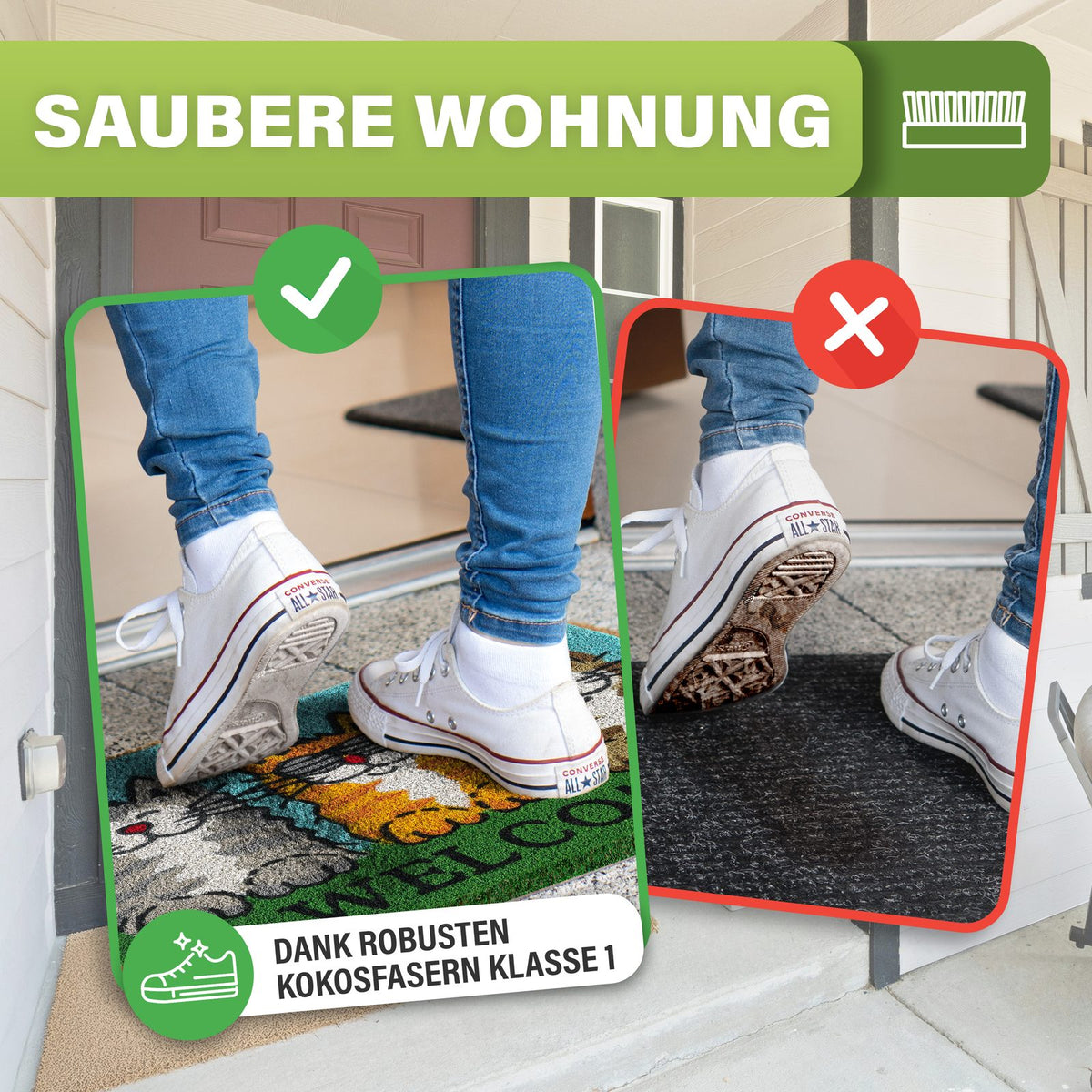 Kokos Fußmatte mit Katzenmotiv im Eingang: Schuhe bleiben sauber, daneben schmutziger Schuh auf dunklem Teppich