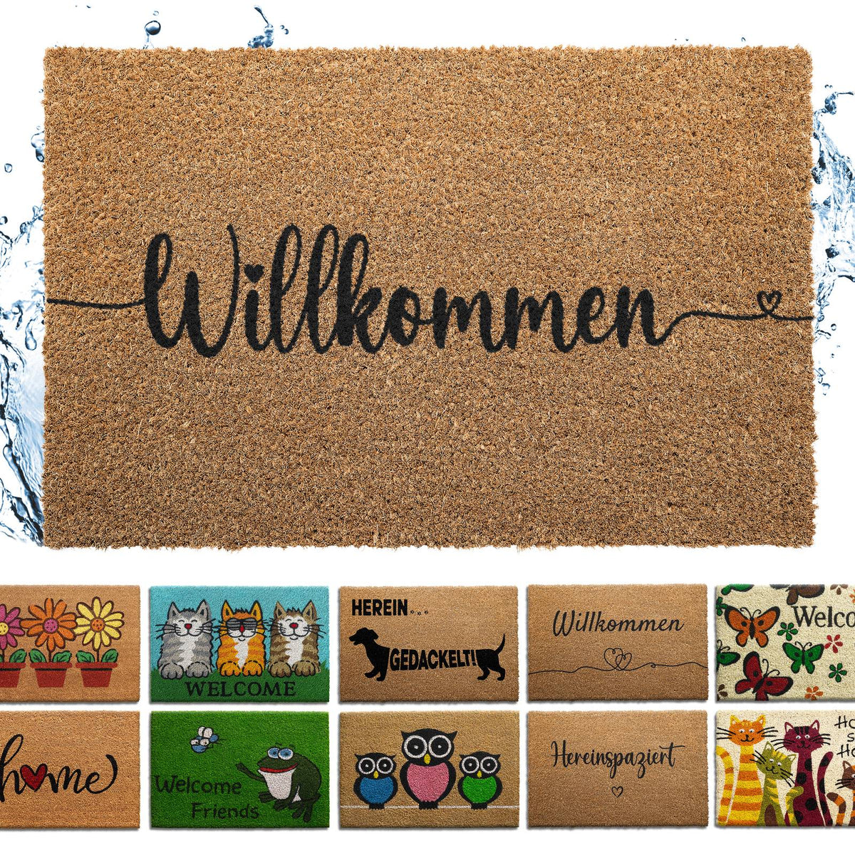 Naturfarbene Kokos-Fußmatte mit schwarzem Schriftzug „Willkommen“ und kleinen Herzen, darunter weitere Mattenmotive