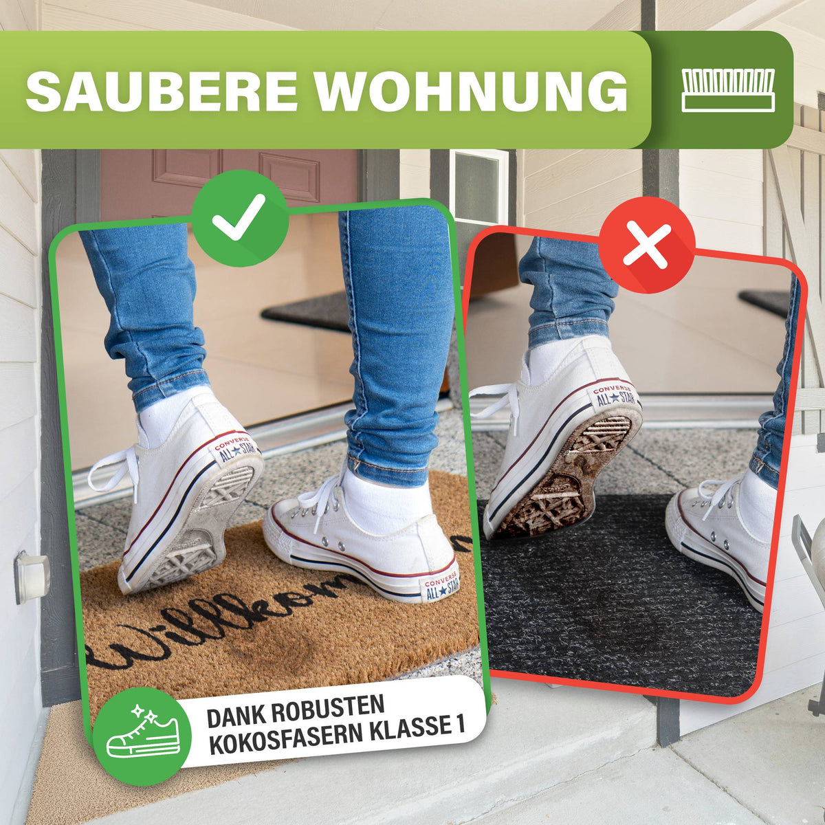 Kokosmatte „Willkommen“ reinigt weiße Schuhe, im Vergleich dazu eine schmutzige Sohle auf einer dunklen Matte