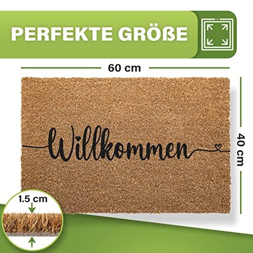 Kokos-Fußmatte mit dem Schriftzug "Willkommen". Maße 60x40 cm und 1,5 cm Florhöhe. Perfekte Größe für den Flur.