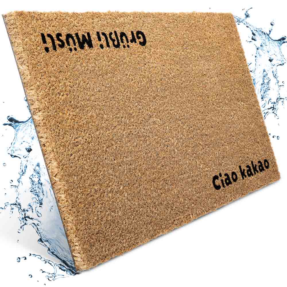 kokos fussmatte ciao kakao mit wasser splash effekt robuste naturfasern fuer eingangsbereich drinnen und draussen rutschfest und langlebig