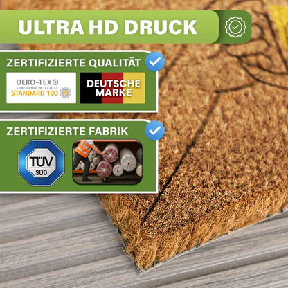 kokos fussmatte detail mit ultra hd druck zertifizierter qualitaet oekotex deutscher marke und tuev gepruefter fabrikproduktion