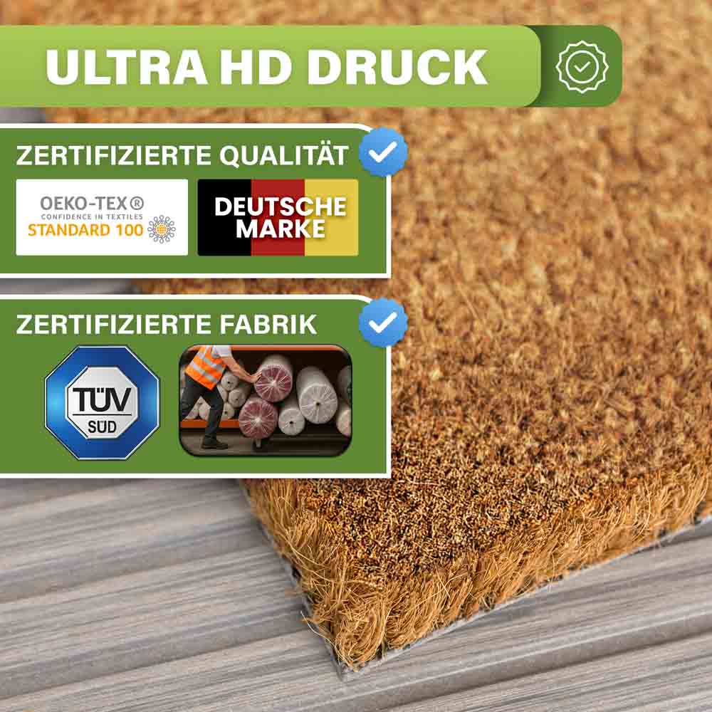 kokos fussmatte mit ultra hd druck oekotex zertifizierter qualitaet deutscher marke und tuev gepruefter fabrik langlebige naturfasern