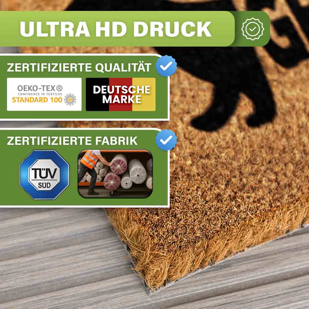 kokos fussmatte herein gedackelt mit ultra hd druck oekotex zertifizierter qualitaet deutscher marke und tuev gepruefter fabrik naturfasern