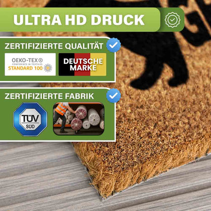 kokos fussmatte herein gedackelt mit ultra hd druck oekotex zertifizierter qualitaet deutscher marke und tuev gepruefter fabrik naturfasern