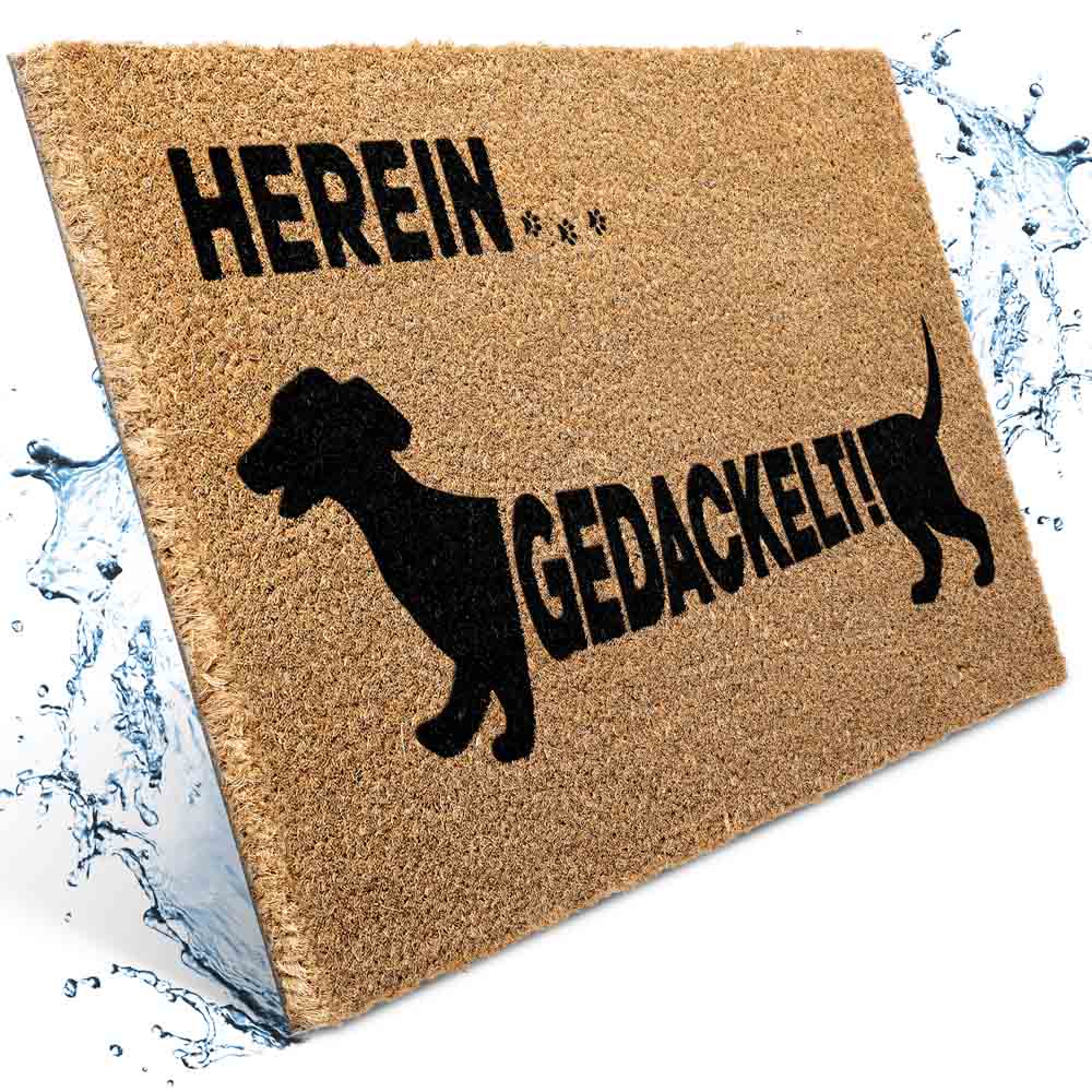 kokos fussmatte herein gedackelt mit hund motiv wasser splash effekt robuste naturfasern fuer eingangsbereich drinnen und draussen langlebig