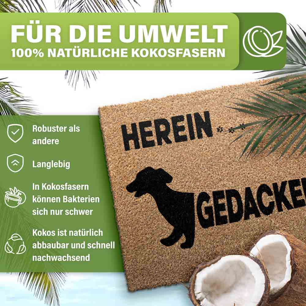 kokos fussmatte herein gedackelt aus natuerlichen kokosfasern robust langlebig umweltfreundlich mit kokosnuss motiv ideal fuer eingangsbereich
