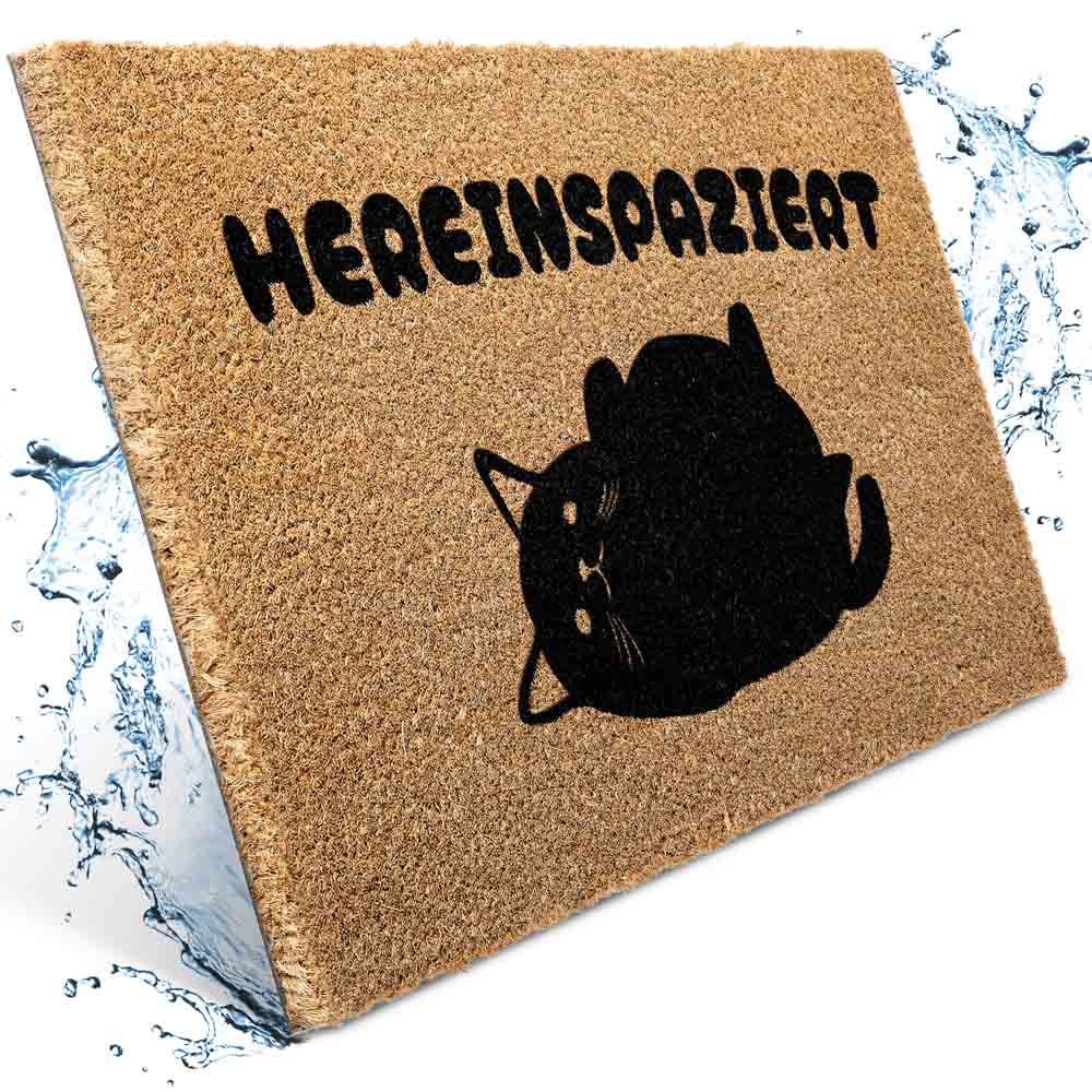 kokos fussmatte hereinspaziert mit katzen motiv wasser splash effekt robuste naturfasern ideal fuer eingangsbereich drinnen und draussen