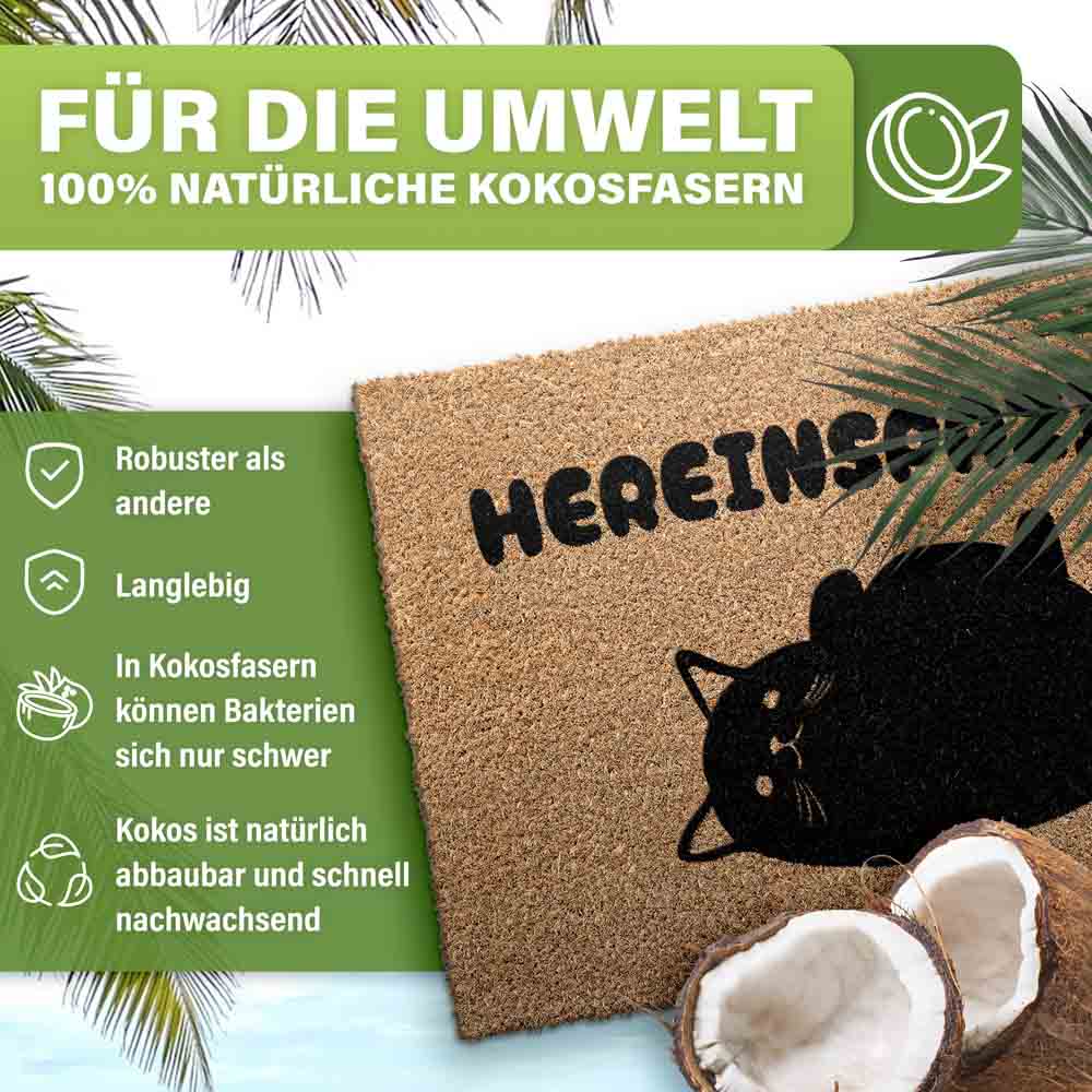 kokos fussmatte hereinspaziert katzenmotiv aus natuerlichen kokosfasern robust, umweltfreundlich  und nachhaltig hergestellt