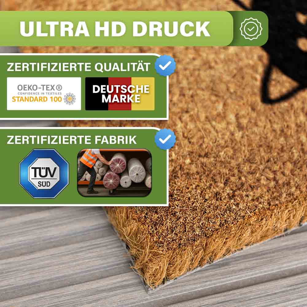 kokos fussmatte detailaufnahme zeigt ultra hd druck zertifizierte qualitaet oeko tex deutsche marke und tuev sued geprüfte fabrik