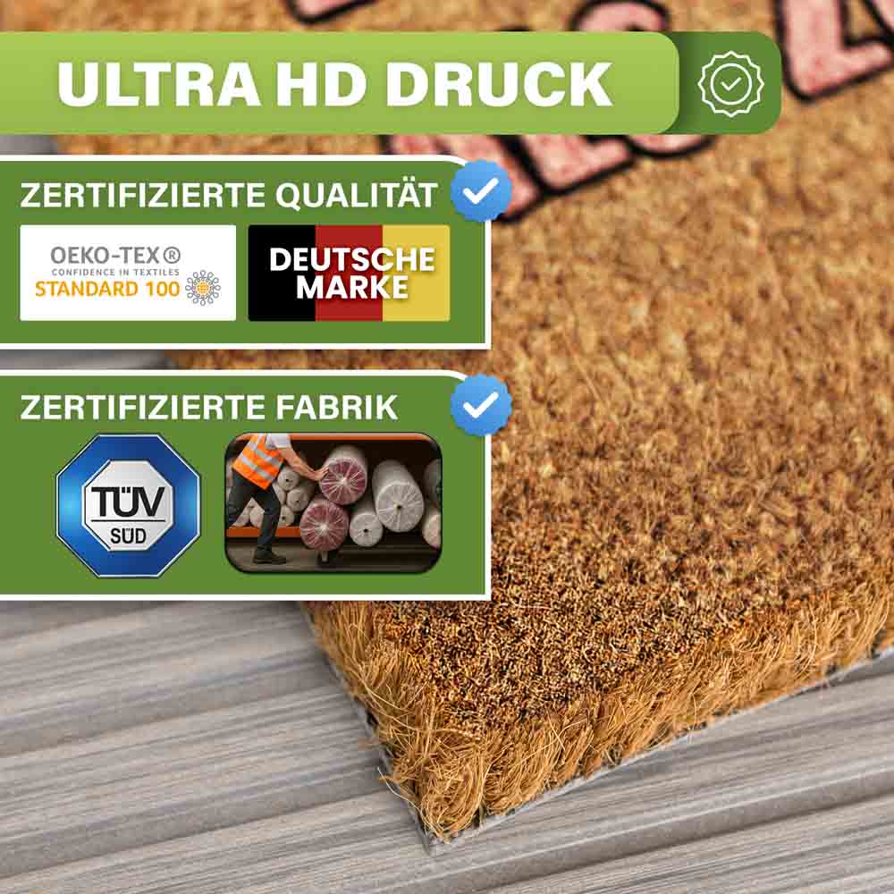 kokos fussmatte detailansicht mit ultra hd druck und zertifikaten wie oeko tex deutsche marke und tuv sud fuer hohe qualitaet