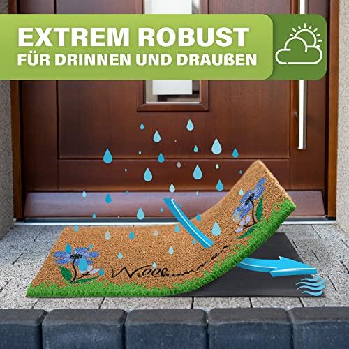 Extrem robuste und wasserfeste Kokos-Fußmatte mit blauem Blumen-Motiv. Ideal für den Einsatz drinnen und draußen geeignet.