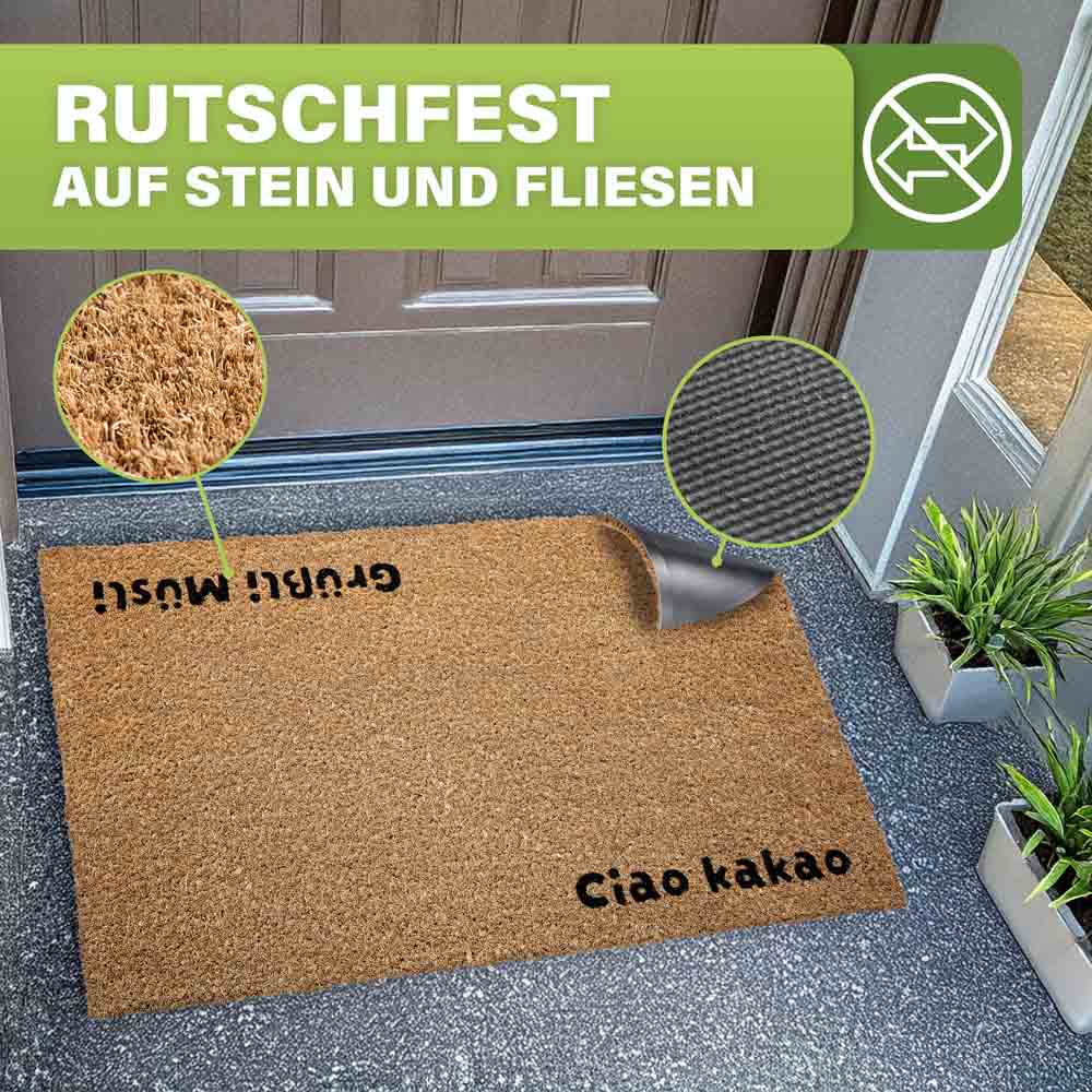 rutschfeste kokos fussmatte ciao kakao auf stein und fliesen mit naturfaser struktur und gummirueckseite fuer sicheren halt im eingangsbereich