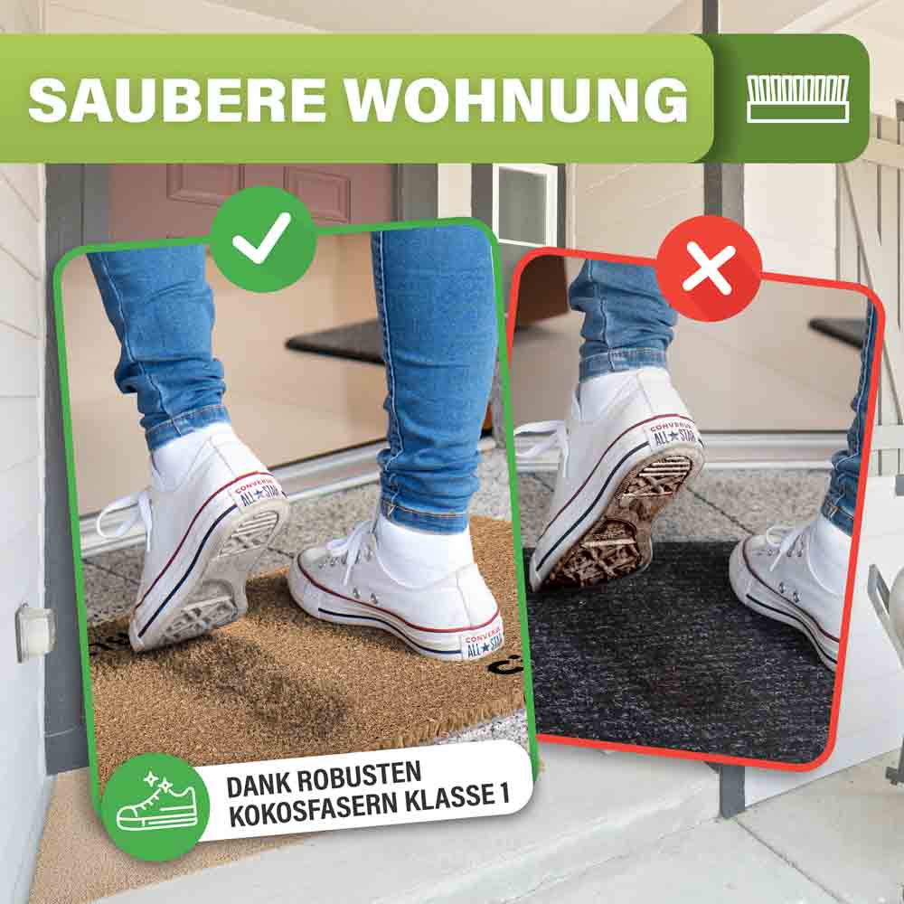 vergleich saubere wohnung mit kokos fussmatte klasse 1 schmutzfang im eingangsbereich zeigt weisse sneaker sauber gegenueber schmutziger matte