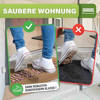 vergleich von kokos fussmatte mit rosa spruch und schmutzfangmatte zeigt saubere schuhe dank robuster kokosfasern klasse 1