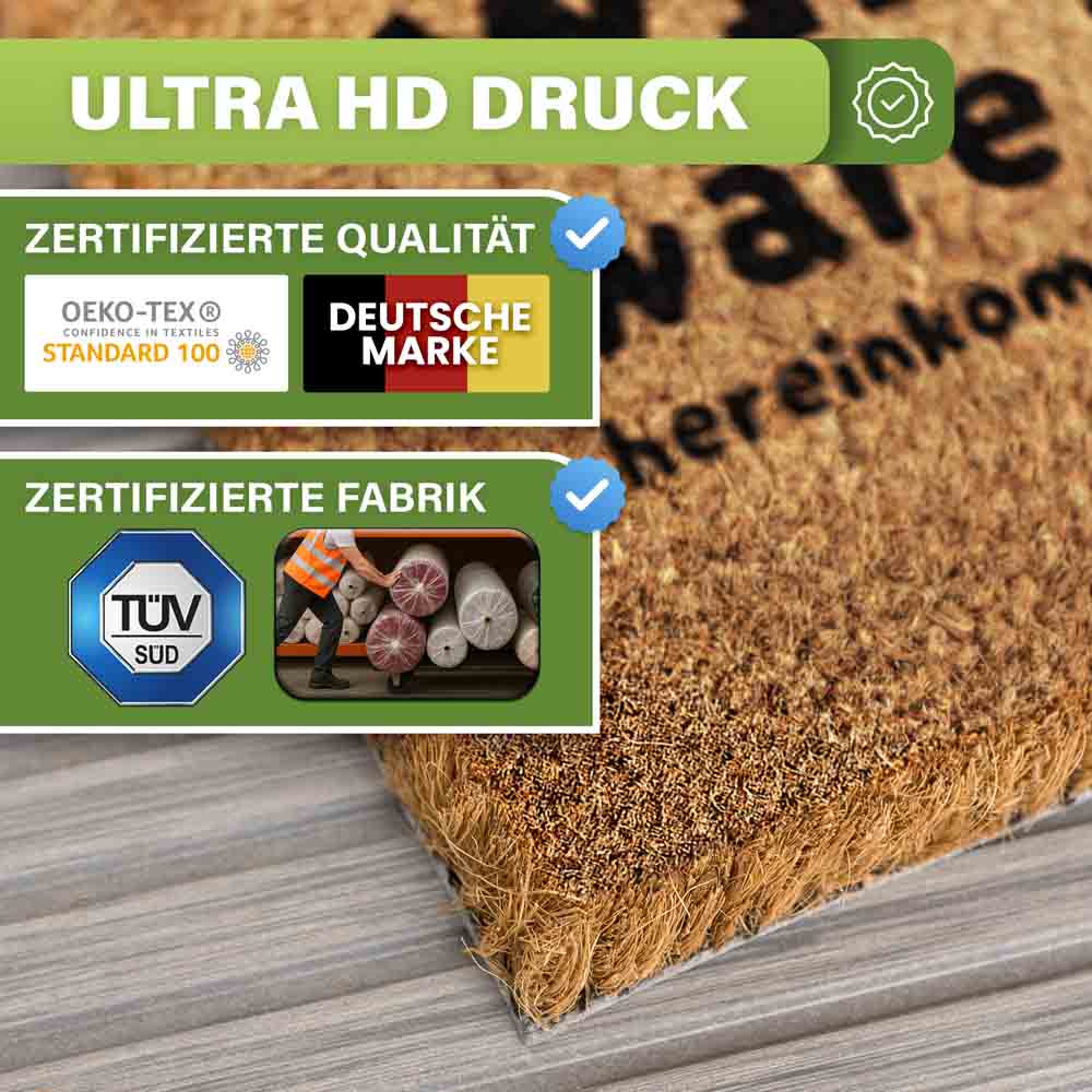 kokos fussmatte herzlich willkommen ultra hd druck oekotex zertifizierte qualitaet deutscher marke und tuev gepruefter fabrik robuste naturfasern