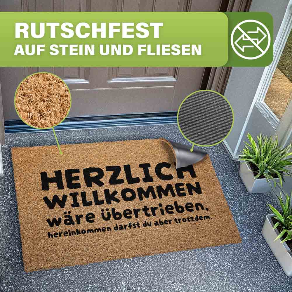 rutschfeste kokos fussmatte herzlich willkommen waere uebertrieben auf stein und fliesen mit naturfasern und gummirueckseite fuer sicheren halt