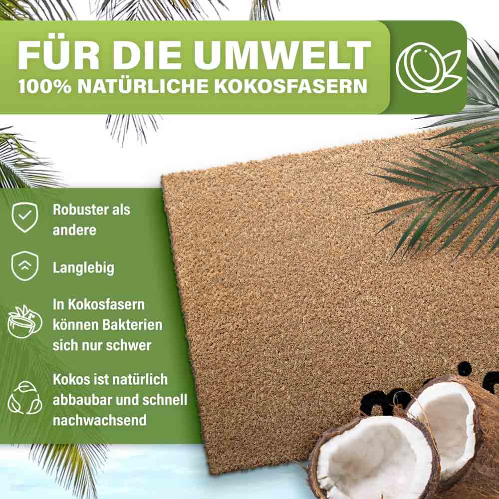 fussmatte kokos naturfasern umweltfreundlich robuste langlebige kokosfaser matte mit palmen und kokosnuss darstellung