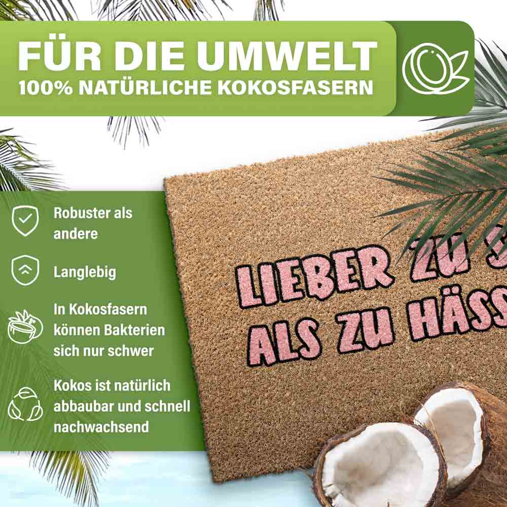 umweltfreundliche kokos fussmatte mit rosa spruch und vorteilen wie robust langlebig bakterienarm und nachhaltig mit kokosnuss motiv