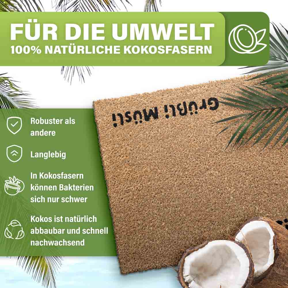 kokos fussmatte aus natuerlichen kokosfasern robust langlebig umweltfreundlich mit kokosnuss motiv fuer eingangsbereich