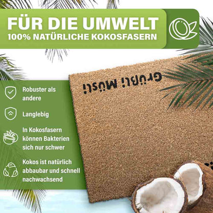kokos fussmatte aus natuerlichen kokosfasern robust langlebig umweltfreundlich mit kokosnuss motiv fuer eingangsbereich