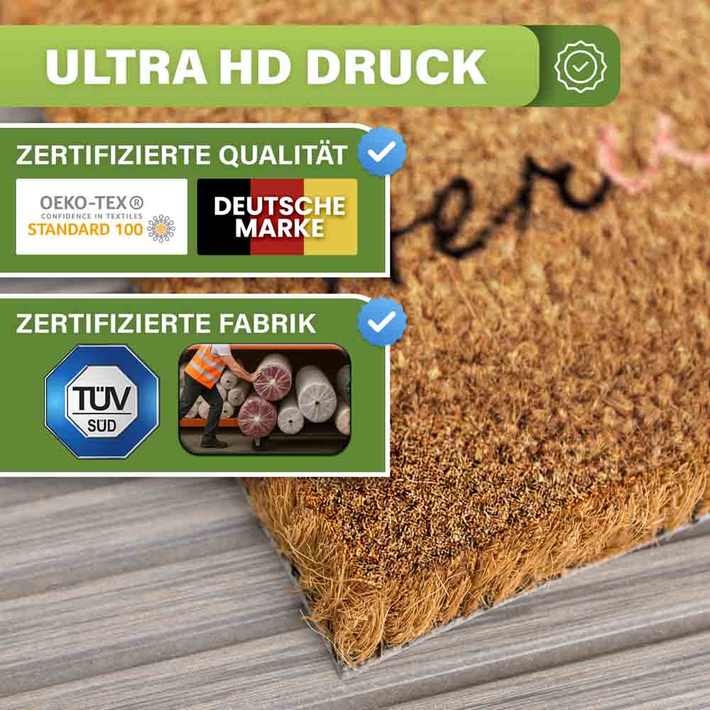 kokos fussmatte herweinpaziert mit ultra hd druck oekotex zertifizierter qualitaet deutscher marke und tuev gepruefter fabrik naturfasern