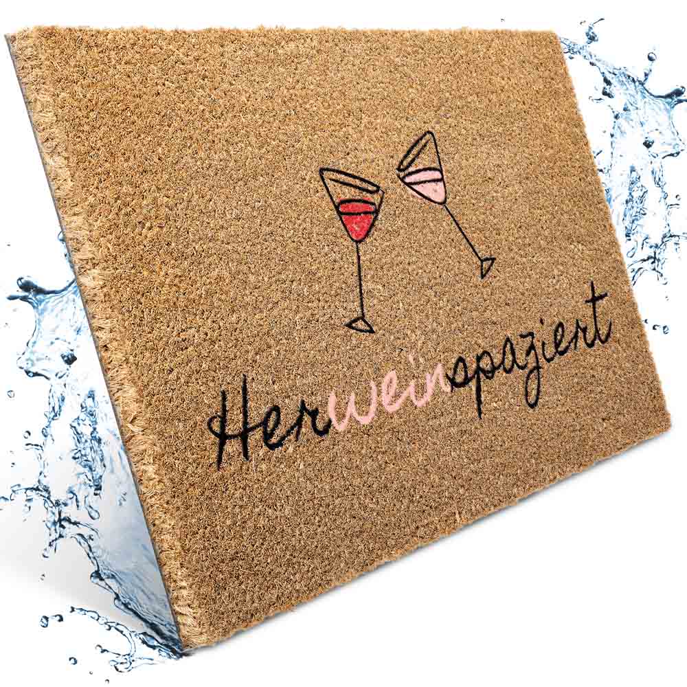 kokos fussmatte herweinpaziert mit weinglas motiv wasser splash effekt robuste naturfasern ideale eingangsmatte fuer drinnen und draussen