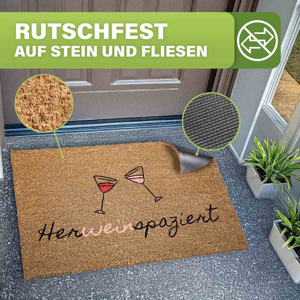 rutschfeste kokos fussmatte herweinpaziert auf stein und fliesen mit naturfaser oberseite und gummirueckseite fuer sicheren halt zuhause