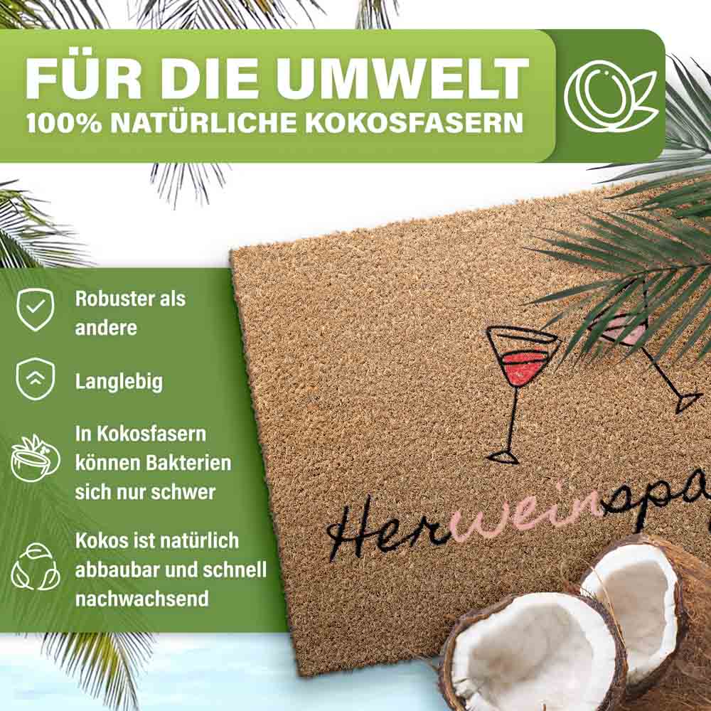 kokos fussmatte herweinpaziert aus natuerlichen kokosfasern robust langlebig umweltfreundlich mit kokosnuss motiv ideal fuer eingangsbereich