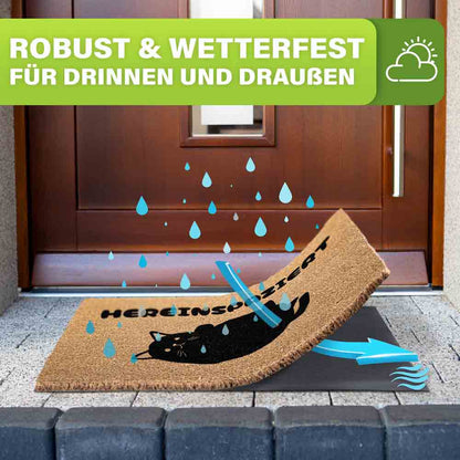 wetterfeste kokos fussmatte mit katzenmotiv zeigt wasserabweisung und robuste eigenschaften fuer draussen und drinnen