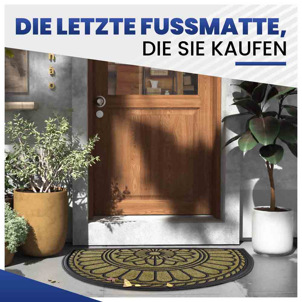 Langlebige, halbrunde Türmatte mit Blumenmuster in Beige vor einer braunen Holztür und dekorativen Pflanzen.